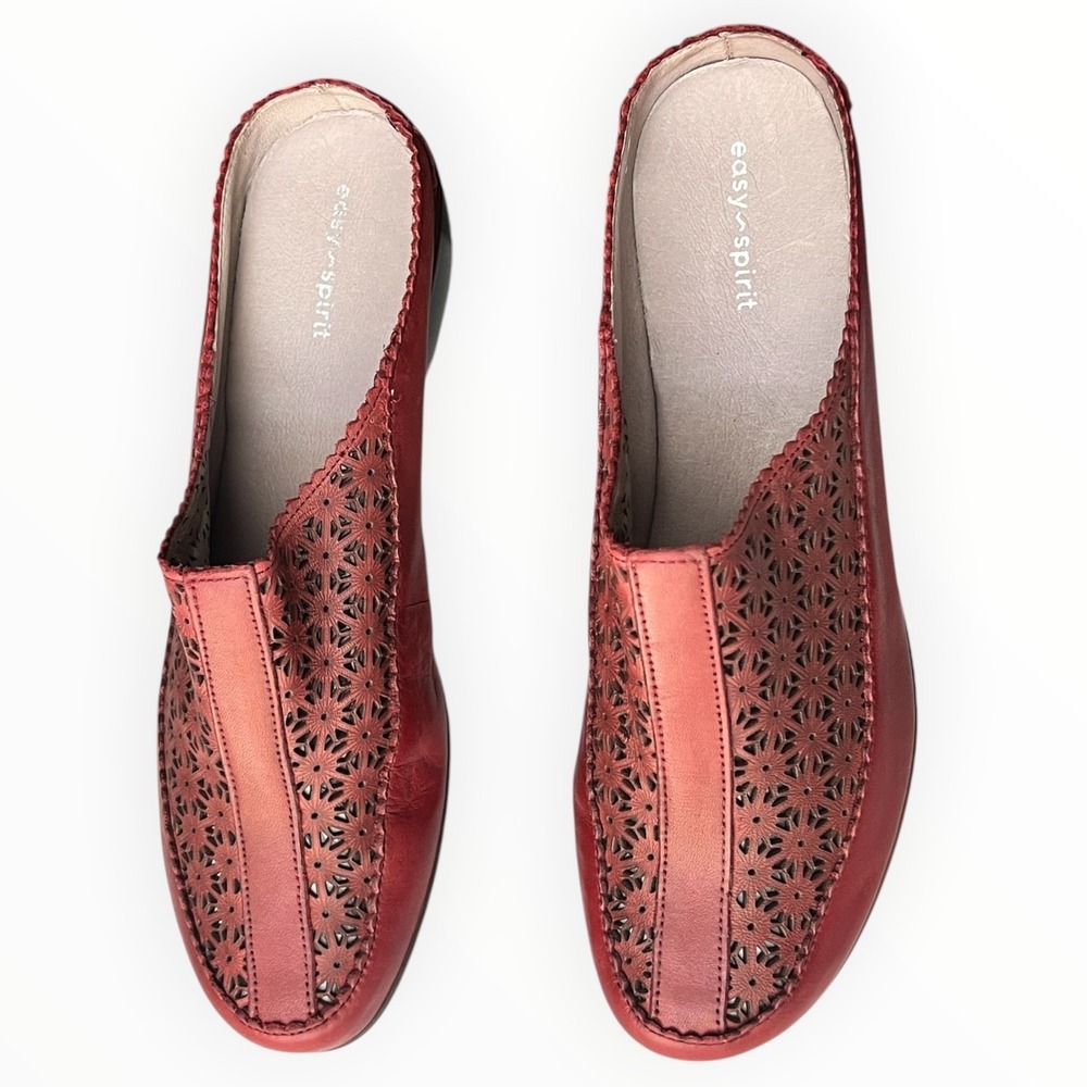 Easy Spirit Red Leather Laser Cut‎ Comfort Mule Clogs Slip On Shoes Size 9